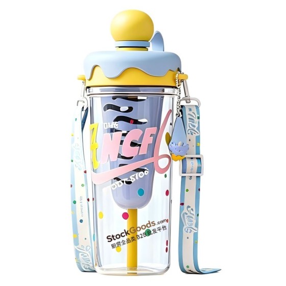880ml Blue Ice Cream Lid Letter Print Straw Cup with Shoulder Strap & Tea Filter